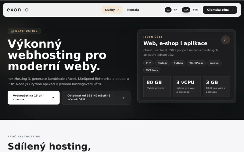 Webhosting Exon.io nextHosting — stránka služby