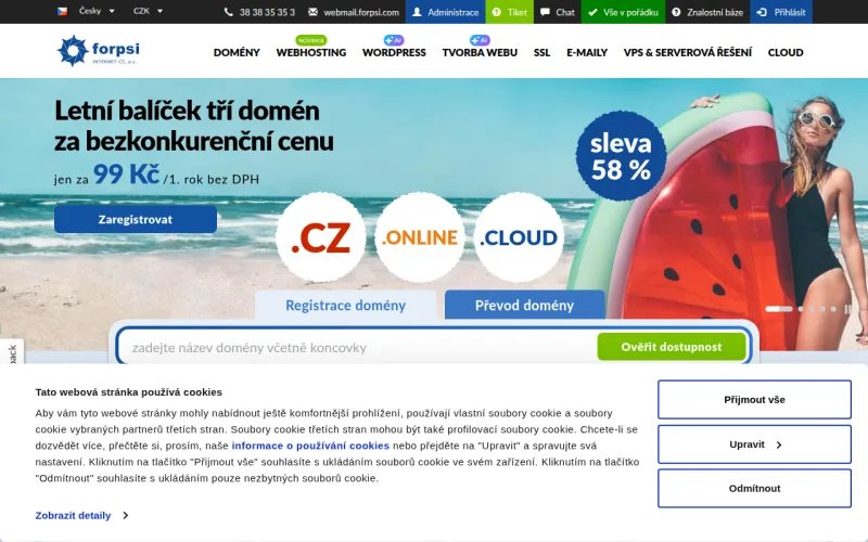 Webhosting Forpsi — úvodní stránka