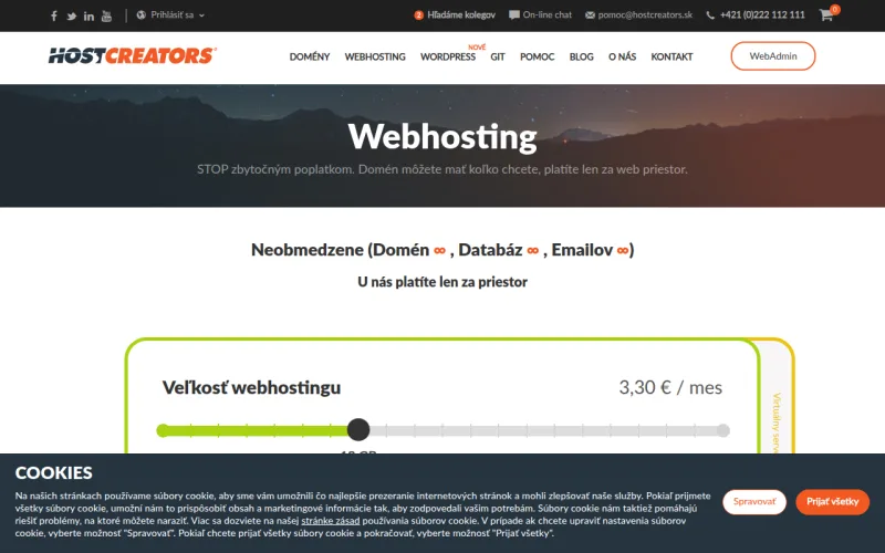 Webhosting HostCreators — stránka webhostingu