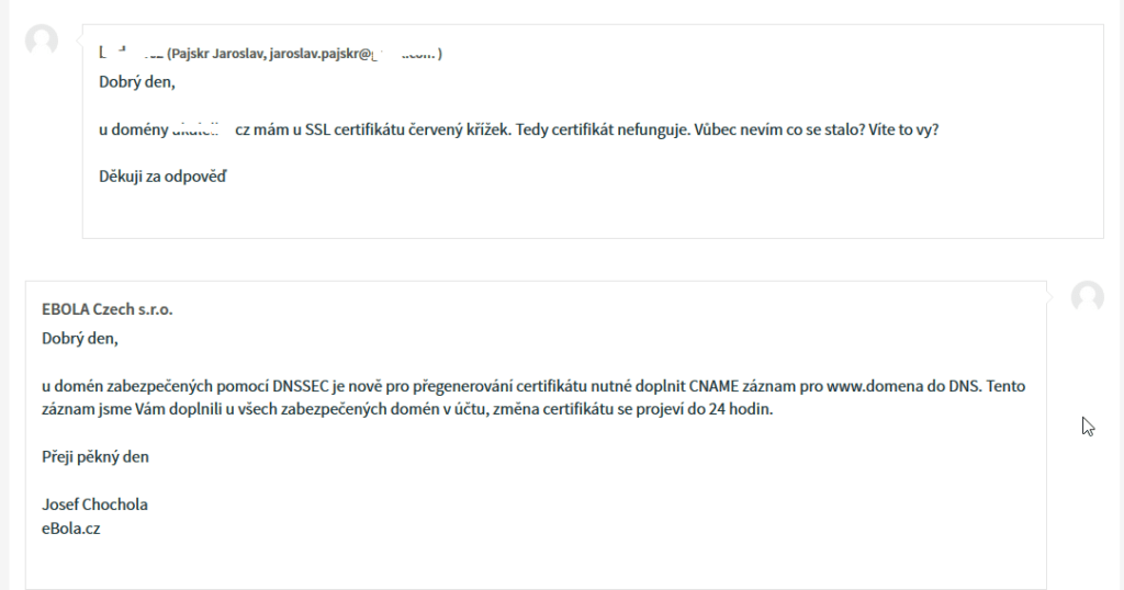 Ukázka komunikace s podporou hostingu