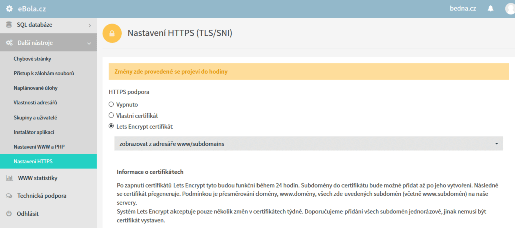 Ebola.cz ukázka nastavení SSL - HTTPS v hostingu